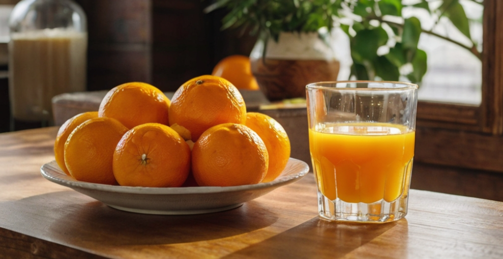 Oranges and juice on a table