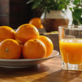 Oranges and juice on a table